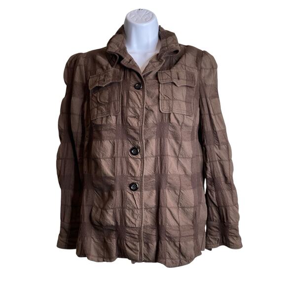JOSEPH Women's Brown Plaid Crinkle Effect Button Up Jacket Size S Lightweight - Picture 1 of 12